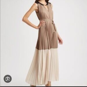 BCBG Max Azria Khaki and Cream Pleated Maxi Dress
